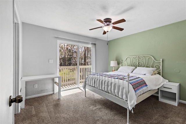 bedroom featuring access to exterior, carpet flooring, ceiling fan, and baseboards