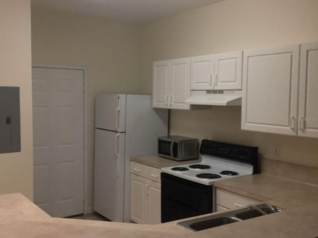 kitchen with electric stove, stainless steel microwave, white cabinetry, electric panel, and under cabinet range hood