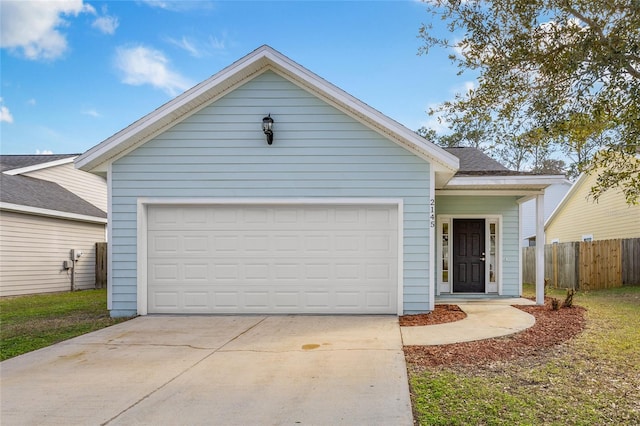 ranch-style house with a garage, concrete driveway, and fence