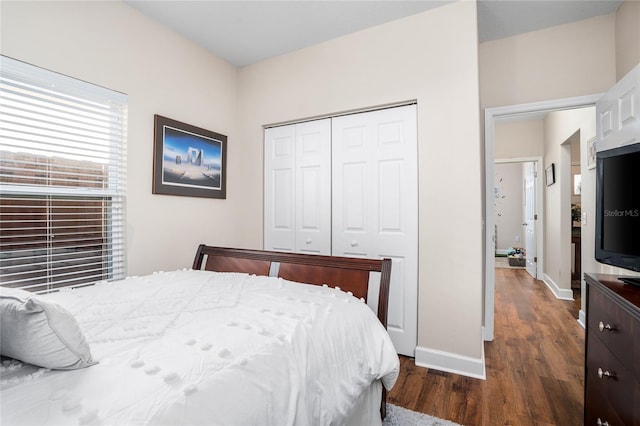 bedroom featuring baseboards, dark wood finished floors, and a closet