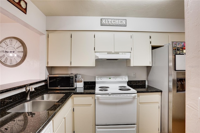 kitchen featuring dark stone counters, appliances with stainless steel finishes, a sink, and under cabinet range hood