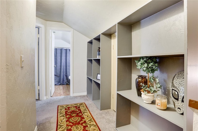 interior space with lofted ceiling, light carpet, a textured wall, and baseboards