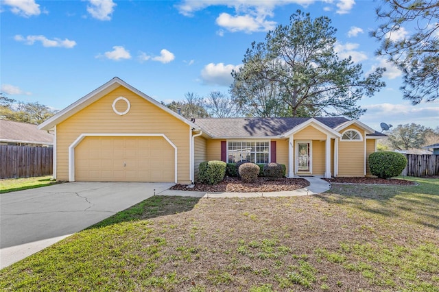 single story home featuring a garage, concrete driveway, a front yard, and fence