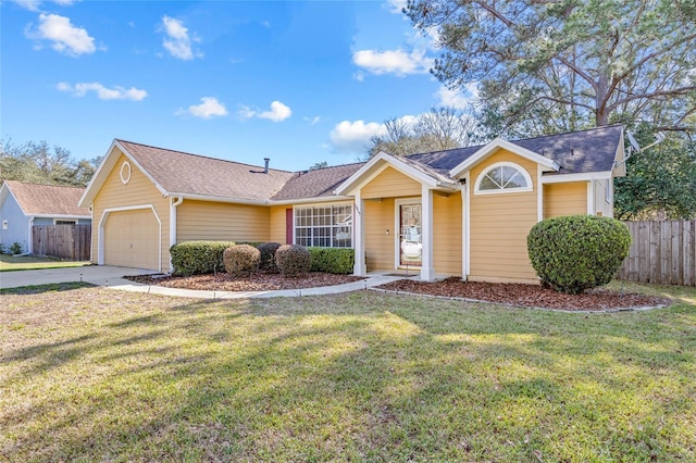 ranch-style house with a garage, fence, concrete driveway, and a front yard