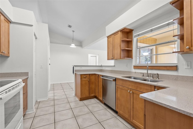 kitchen with visible vents, electric stove, stainless steel dishwasher, open shelves, and a sink