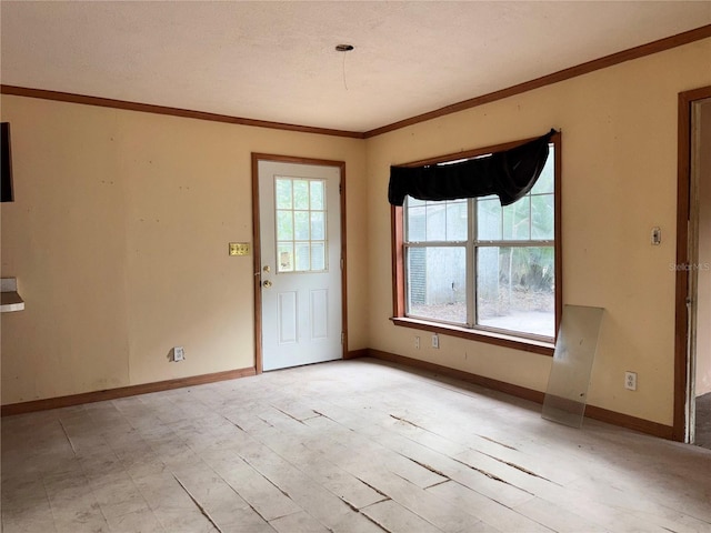 interior space with ornamental molding, a healthy amount of sunlight, and baseboards