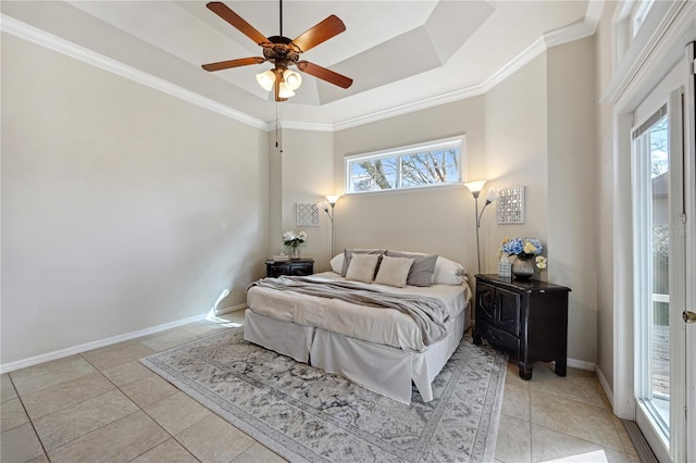 bedroom featuring light tile patterned floors, baseboards, a raised ceiling, and crown molding