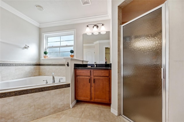 full bathroom featuring tile patterned flooring, visible vents, ornamental molding, a bath, and a stall shower