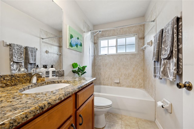 bathroom with tile patterned flooring, shower / tub combo, toilet, and vanity