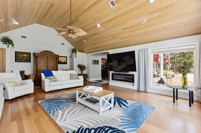 living area featuring wood ceiling, high vaulted ceiling, wood finished floors, and visible vents