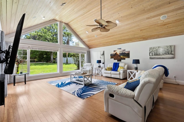 living area with baseboards, wood ceiling, ceiling fan, wood finished floors, and high vaulted ceiling