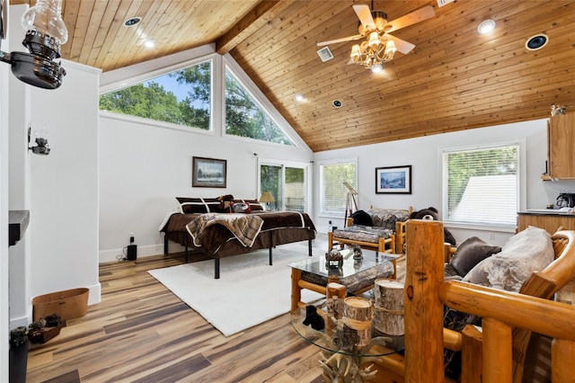 living area with light wood finished floors, visible vents, high vaulted ceiling, and a wealth of natural light