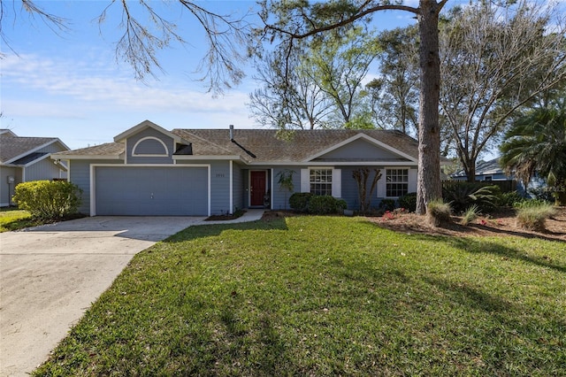 ranch-style house with a garage, concrete driveway, and a front lawn