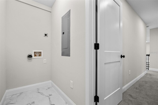 laundry room featuring hookup for an electric dryer, laundry area, washer hookup, baseboards, and marble finish floor