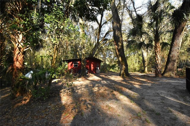 view of yard featuring a forest view