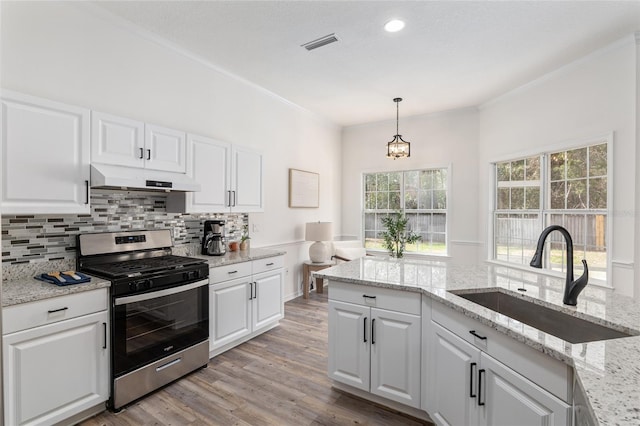 kitchen featuring stainless steel gas range, under cabinet range hood, decorative backsplash, and a sink