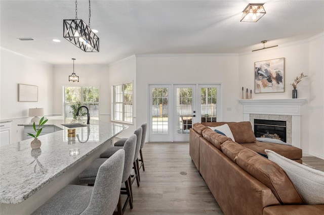 living area featuring light wood-type flooring, french doors, a fireplace, and crown molding