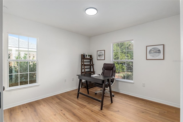 home office featuring light wood finished floors and baseboards