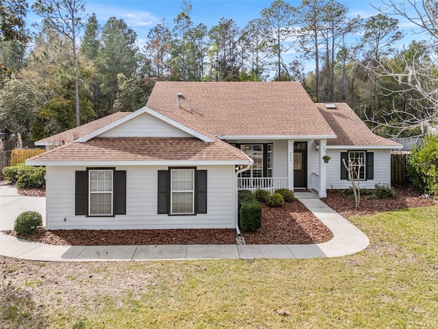 single story home featuring covered porch, a front lawn, roof with shingles, and fence