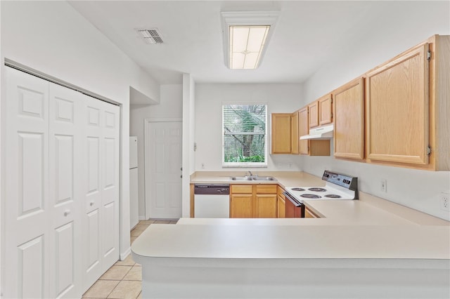 kitchen featuring white dishwasher, under cabinet range hood, a sink, visible vents, and electric range oven