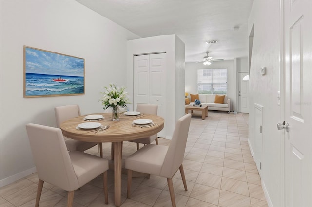 dining space with visible vents, ceiling fan, and baseboards