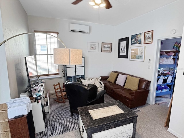 living room with a ceiling fan, light colored carpet, and a wall mounted air conditioner