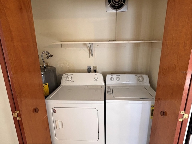 washroom with laundry area, electric water heater, and washer and clothes dryer