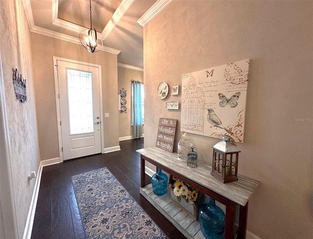 foyer with a tray ceiling, wood-type flooring, crown molding, and baseboards