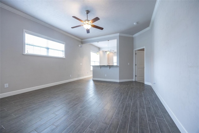 unfurnished living room featuring a ceiling fan, crown molding, baseboards, and dark wood-style flooring