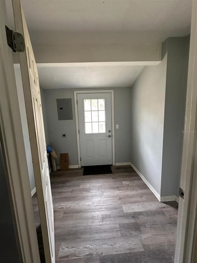 entryway featuring wood finished floors, electric panel, and baseboards