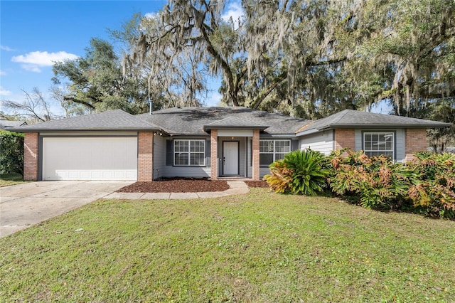 ranch-style home featuring an attached garage, driveway, a front lawn, and brick siding