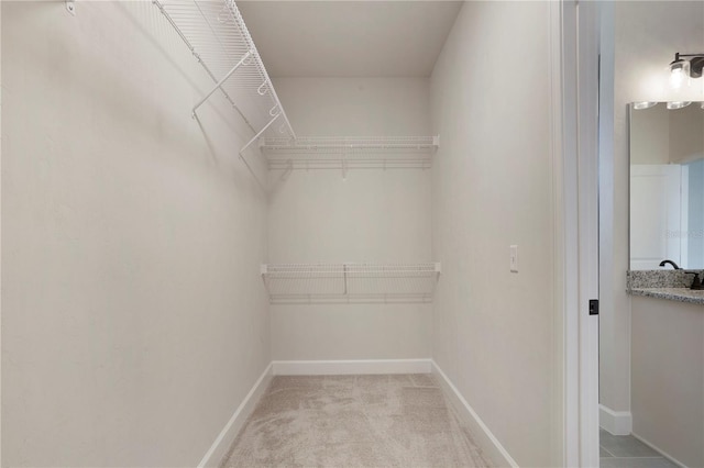 spacious closet featuring light colored carpet