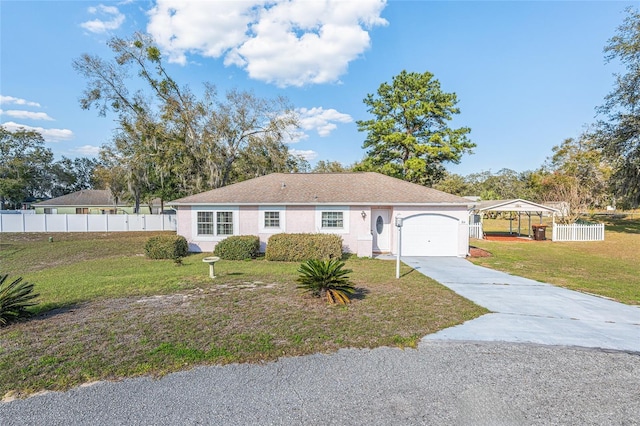 single story home with stucco siding, concrete driveway, a front yard, fence, and a garage