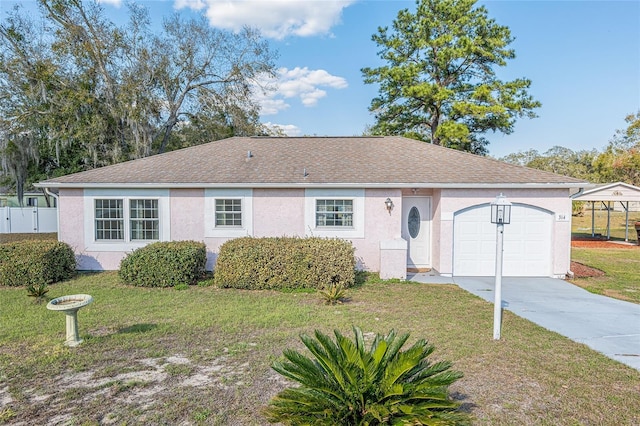 ranch-style home with a front yard, driveway, an attached garage, and stucco siding