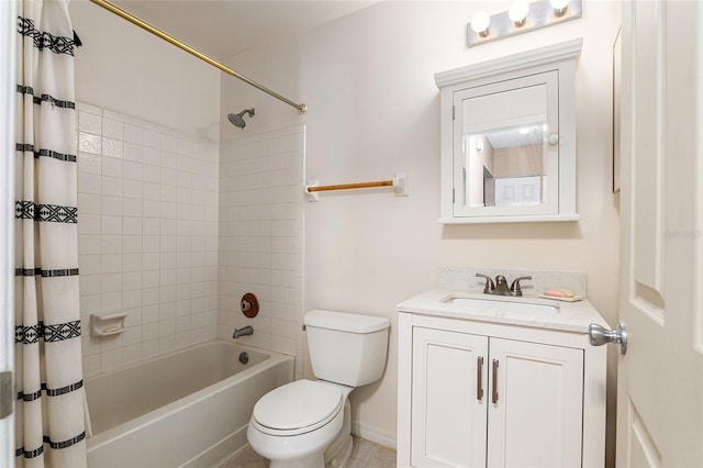 bathroom featuring toilet, shower / tub combo with curtain, and vanity