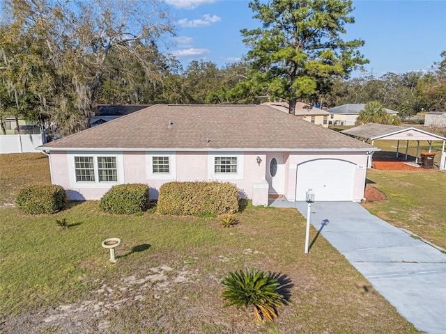 ranch-style home with concrete driveway, roof with shingles, an attached garage, a front lawn, and stucco siding