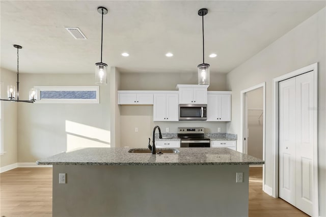 kitchen featuring light wood-style flooring, a sink, visible vents, white cabinets, and appliances with stainless steel finishes