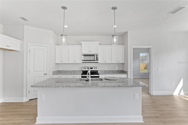 kitchen featuring visible vents, appliances with stainless steel finishes, light wood-style flooring, and a sink