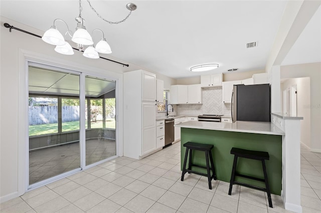 kitchen featuring white cabinets, a peninsula, a sink, stainless steel appliances, and backsplash