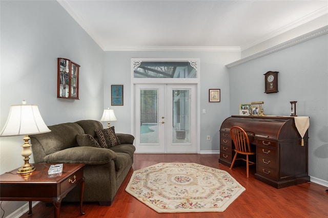 living room featuring baseboards, french doors, wood finished floors, and crown molding