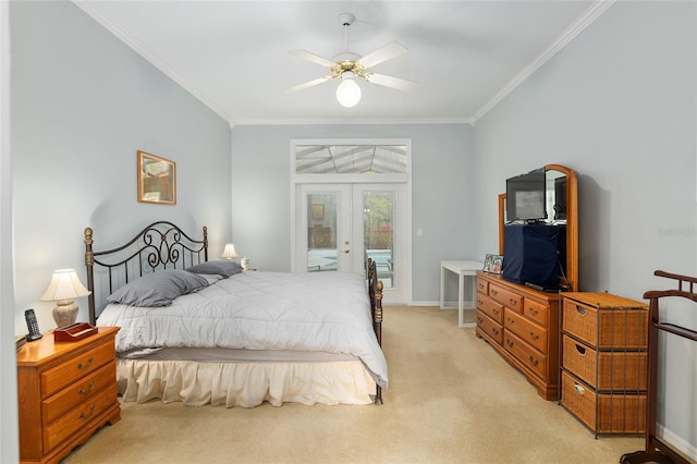 bedroom featuring ornamental molding, access to outside, french doors, and light carpet