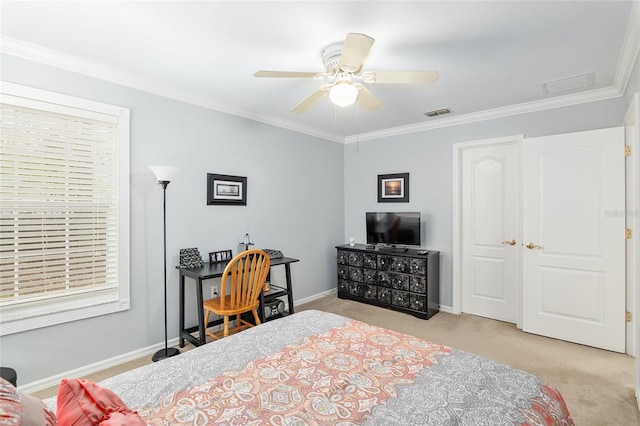 bedroom with carpet, ornamental molding, ceiling fan, and baseboards