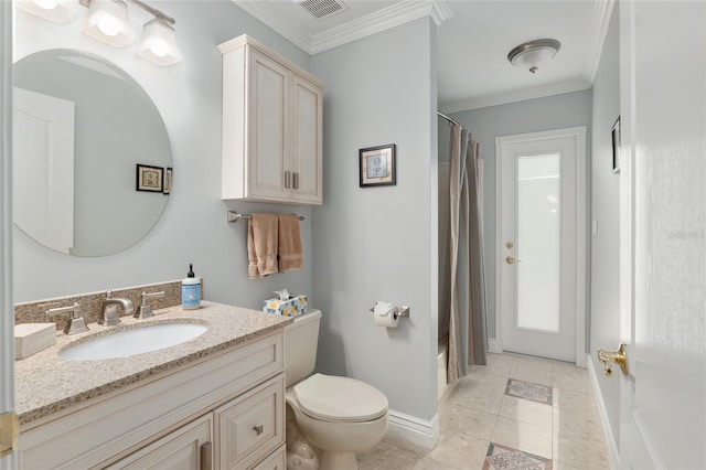 bathroom with toilet, visible vents, crown molding, and vanity