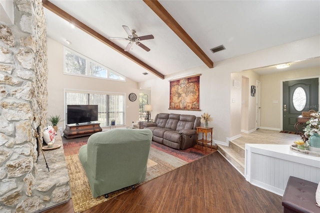 living room featuring visible vents, a ceiling fan, beamed ceiling, wood finished floors, and high vaulted ceiling