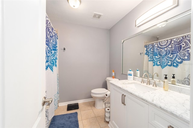 full bath with visible vents, toilet, vanity, tile patterned flooring, and baseboards