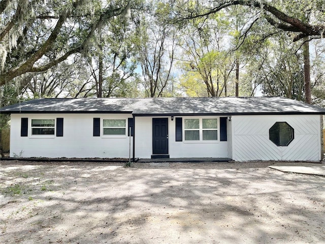 ranch-style home with concrete block siding