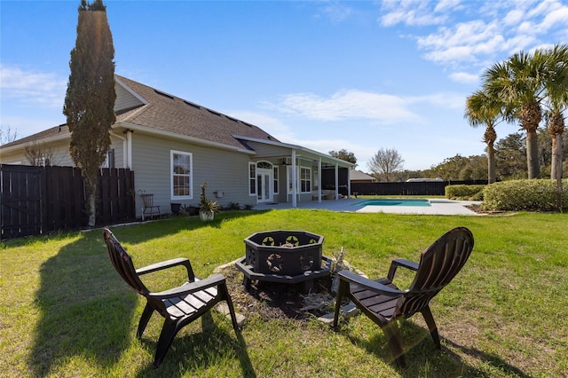 view of yard with a patio, a fenced backyard, and a fenced in pool