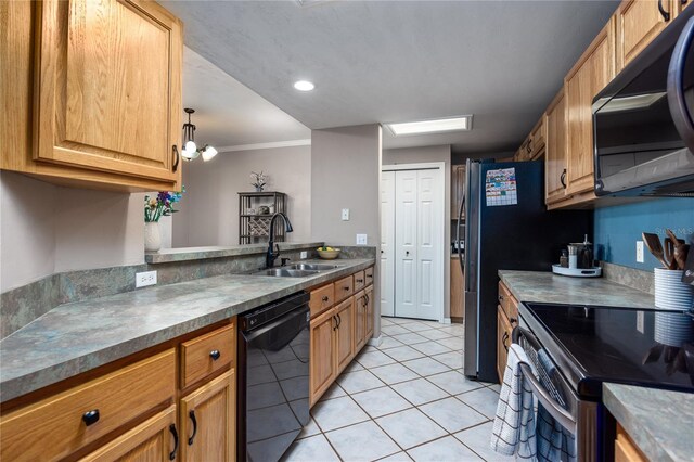 kitchen with black dishwasher, ornamental molding, light tile patterned floors, stainless steel electric range, and a sink