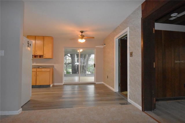 interior space with a ceiling fan, wood finished floors, baseboards, and light brown cabinetry