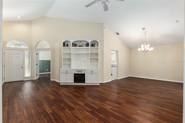 unfurnished living room featuring baseboards, visible vents, dark wood-style flooring, and ceiling fan with notable chandelier